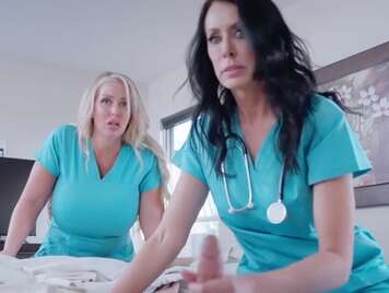 Mature and busty nurses are mounted trio