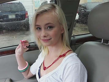 Little blonde girl with tiny tits sucking a cock in the car
